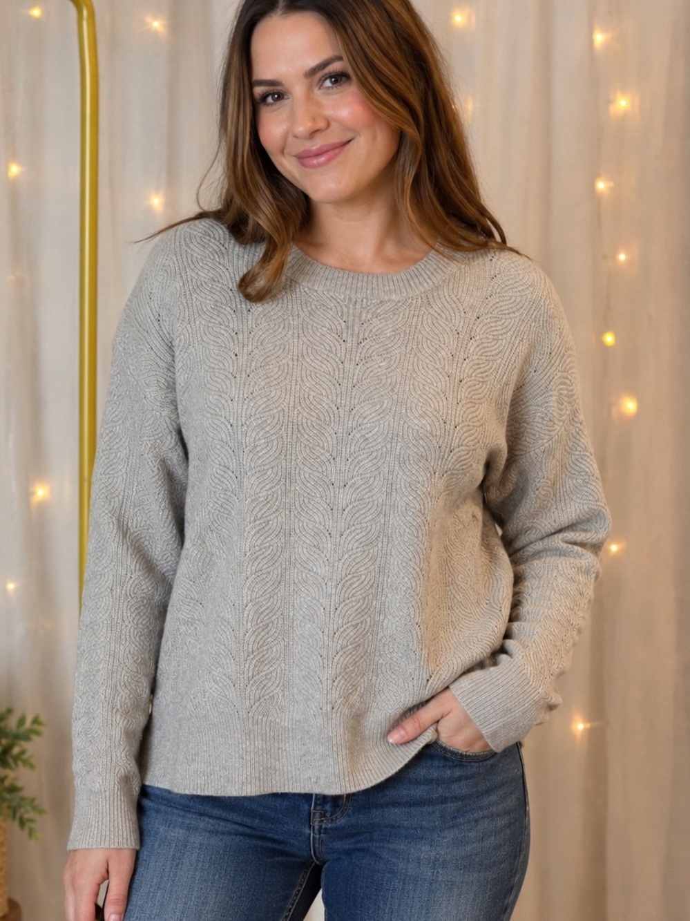NWT Cyrus Leaf-Pattern Chevron Textered Knit Crewneck Sweater Size Large
